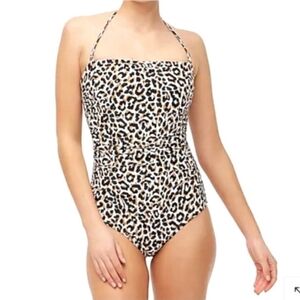 j crew leopard print one piece halter swimsuit with rushed body and built in cup